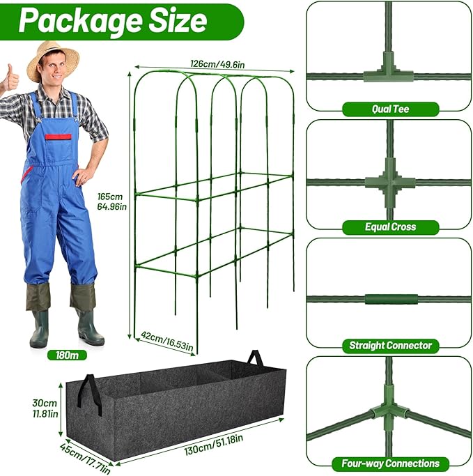 U-Shape Cucumber Trellis with Fabric Raised Garden Bed 65x50 Inch Metal Garden Arch Trellis with Net, Climbing Plants Vegetables Heavy-Duty Outdoor Plant Support for Pea, Grape, Squash, Tomatoes LifeisLuck