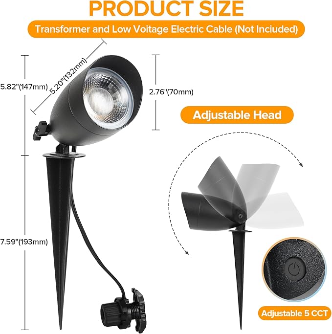 LUTEC 5CCT 12V Low Voltage Landscape Lighting Die-cast Aluminum Spot Lights with Connectors, IP65 Outdoor Landscape Spotlights, 7W 650LM for Tree Garden, 4 Pack (No Transformer Kits) LUTEC