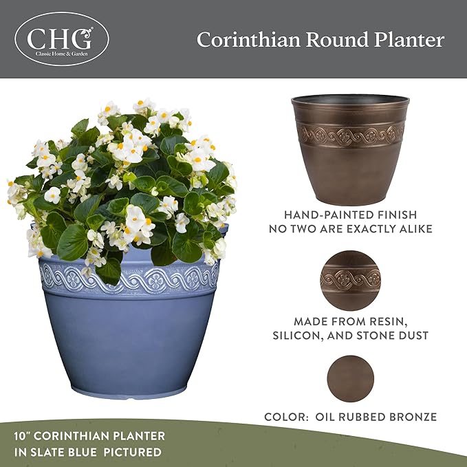 Classic Home and Garden Corinthian Resin Planter Pot - Outdoor & Indoor Plant Pot - Round Planter for Plants & Flowers (16" Oil Rubbed Bronze, Pack of 1) ClassicHomeandGarden