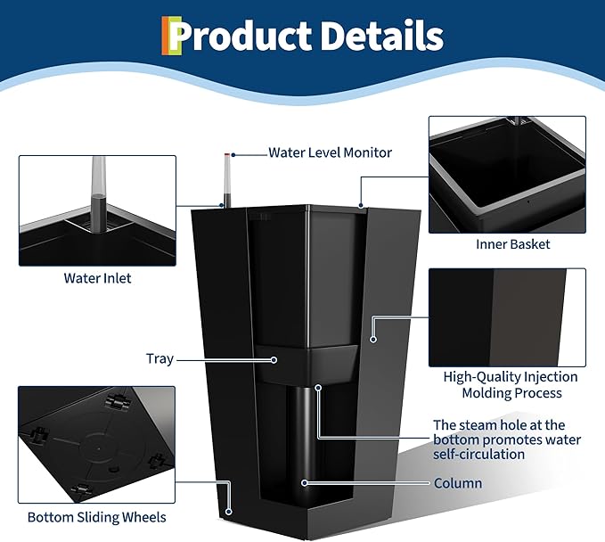 Garvee 30" Tall Planters Set of 2, Outdoor＆Indoor Black Planter Pots, High Front Porch Planter Pots with Drainage Holes＆Water Level Monitor＆Inner Bucket,Black Garvee