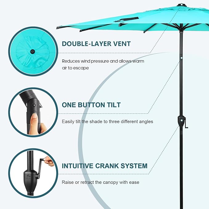 Abba Patio 9FT Lyon Outdoor Patio Umbrella Outdoor Table Umbrella with Push Button Tilt and Crank Market Umbrella 8 Sturdy Ribs UV Protection Waterproof for Garden Deck Backyard Pool, Turquoise AbbaPatio