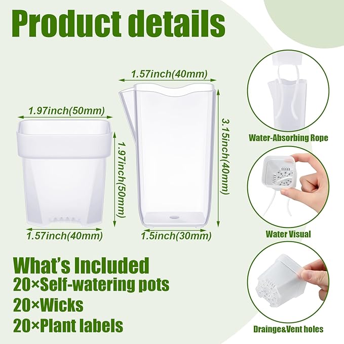 LemonRoad 20 Pack 2" Small Self Watering Pots for Indoor Plants with 20 Plant Label Mini Clear Plastic Planters with Water Level and Drainage Holes for Propagation, Succulents, and African Violet Rootora
