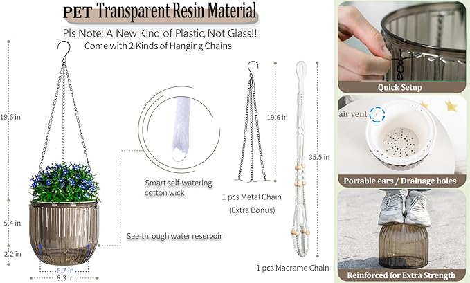 Melphoe Self Watering Hanging Planters for Indoor, 1 Pack 8.3 Inch Outdoor Hanging Plant Pot Basket, 2 Kinds of Plant Hangers Macrame 35.5’’ & Metal Chain 19.6’’ for Garden Home Decor Melphoe