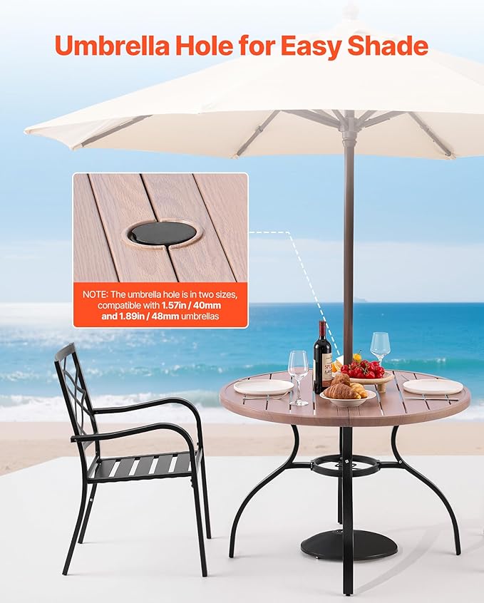 VEVOR Outdoor Patio Dining Table, 41 inch Round Wood-Like Steel Slat Backyard Bistro Coffee Tables for 4, with 1.5 in Umbrella Hole, Outside All-Weather Large Furniture for Lawn Garden Porch VEVOR