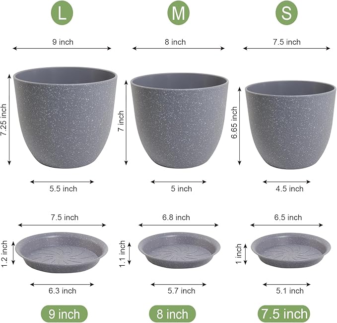 Flower Pots 9/8/7.5inch, Set of 3 Modern Decorative Plastic Planters with Drainage Holes and Saucers for Garden House Plants, Plant Pots for Indoor Outdoor Plants, Speckled Grey WSMKSZ