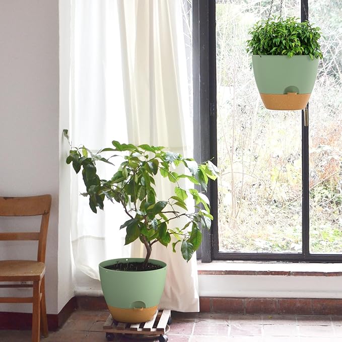 ZMTECH 12 Inch Hanging Planters for Indoor Outdoor Plants, 1 Pack Self Watering Hanging Plant Pots with Drainage Holes and Removable Saucer, Plastic Flower Hanging Pots with Watering Lip (Green) HighQualityGardeningTools