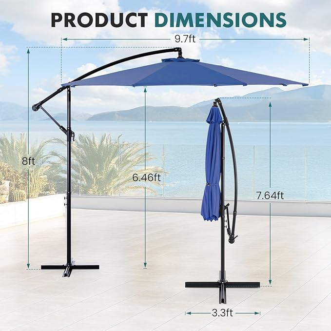 OLIXIS Offset Patio Umbrella, 9.7FT Cantilever Table Umbrellas for Outdoor Sun Shade UV Protection with Easy Tilt Adjustment, 8 Ribs for Backyard, Lawn, Garden, Pool - Blue OLIXIS