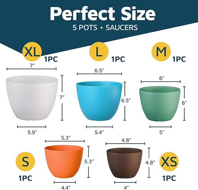 Multicolor Plant Pots with Drainage Holes & Saucers 5 Pack, Indoor & Outdoor Stackable Space-Saving Planters for Houseplants & Flowers, (7", 6.7", 6", 5.3", and 4.8" Inches), Durable & Weatherproof LIFEMASTER