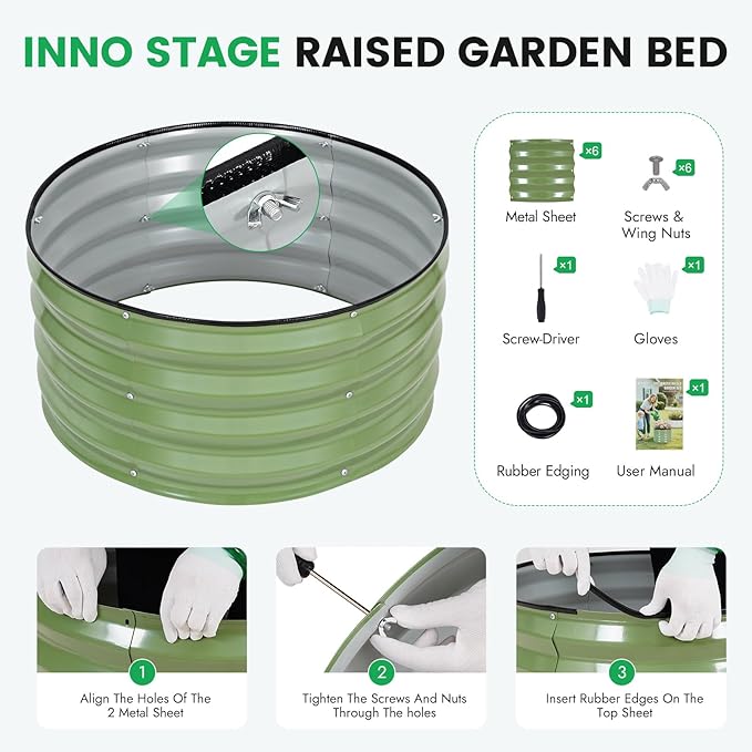 INNO STAG 3 Pcs Round Galvanized Raised Garden Bed — 2×2×1ft Planter Box Outdoor Raised Beds Kit for Gardening Vegetables, Fruits, Herbs, and Flowers, Olive Green INNOSTAGE