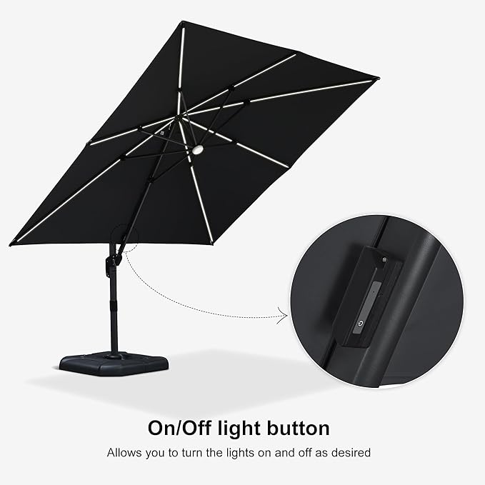 PURPLE LEAF 10 Feet Patio Umbrella with Base Outdoor Cantilever Solar Powered LED Square Umbrella Aluminum Offset Umbrella with 360-degree Rotation for Garden Deck Pool Patio, Grey PURPLELEAF