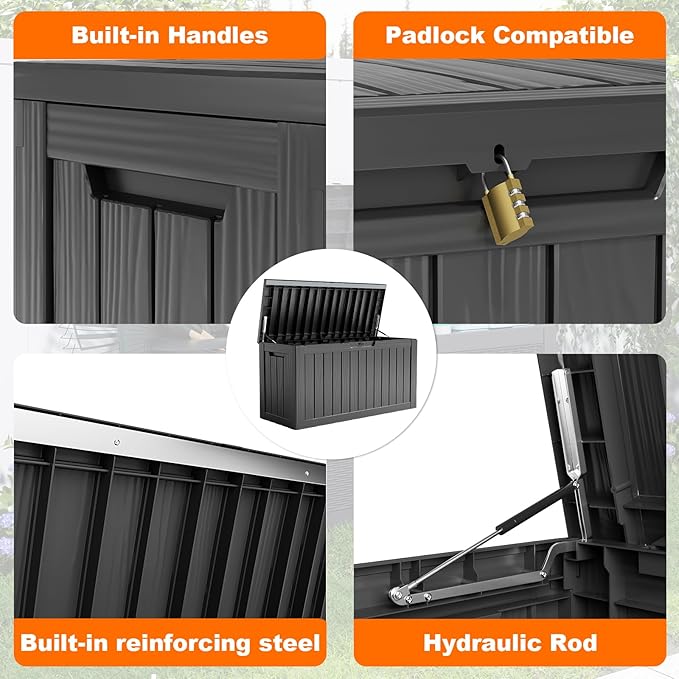 86 Gallon Outdoor Deck Box, Lockable Waterproof Outdoor Storage Boxes For Garden Tools,Indoor Cushions,Accessories Outside Storage Resin Weatherproof Container(Black) MAIUSCOLI