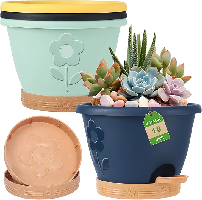 Plastic Plant Pots 10 Inch Set of 4, Self Watering Pots with Drainage Holes, Saucer & Reservoir, Flower Pots for Indoor/Outdoor Plants, Decorative Nursery Planting Pots (Multicolor) gegemaoyi