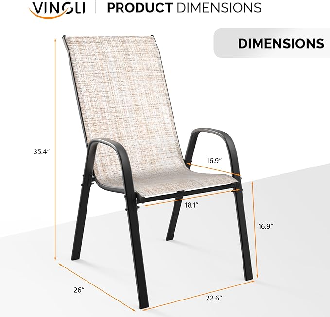 VINGLI Patio Chairs Set of 6 – Stackable Outdoor Dining Chairs with Comfortable Sling High Back Chairs and Armrests for Lawn, Poolside, Courtyard, Balcony, Garden, Yellow VINGLI
