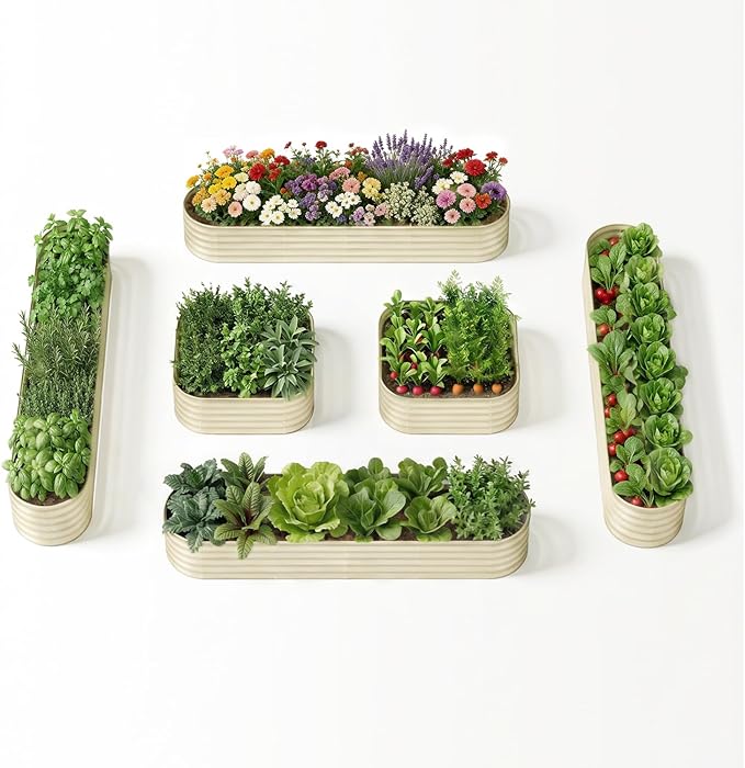 6-Pack 18” Tall Galvanized Raised Garden Beds – New Home Garden Layout, Fits 300 Sq Ft Backyard, 10x2x1.5 & 4x4x1.5 ft Metal Planter Raised Beds Set for Vegetable, Herb & Flower - Sand Beige Annoell
