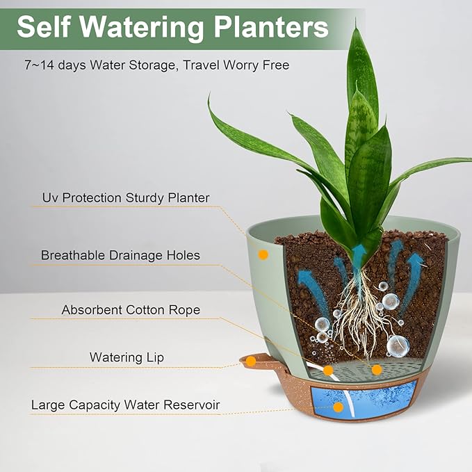 Planters for Indoor Plants, 10/9/8 Inch Self Watering Plant Pots with Drainage Hole, Plastic Planters Flower Pots for Indoor Outdoor Plants (Green) Vanslogreen