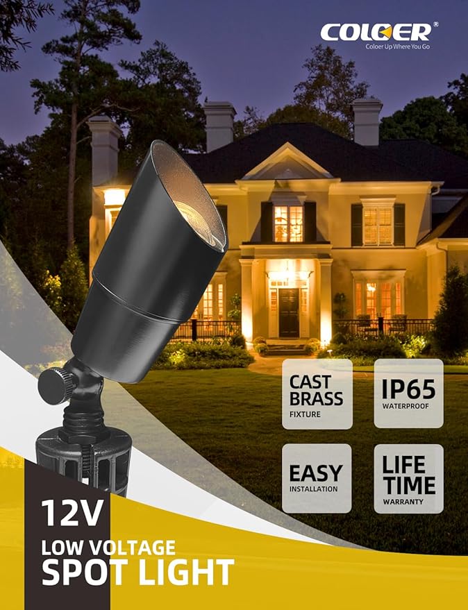 COLOER Brass Low Voltage Landscape Spotlight(Black) 12-Pack with 5W Aluminum Housing MR16 LED Bulb 2700K 450LM CRI85+,12V AC/DC Outdoor Uplighting, Directional Garden Patio Spot Up Light(101B-Black) COLOER