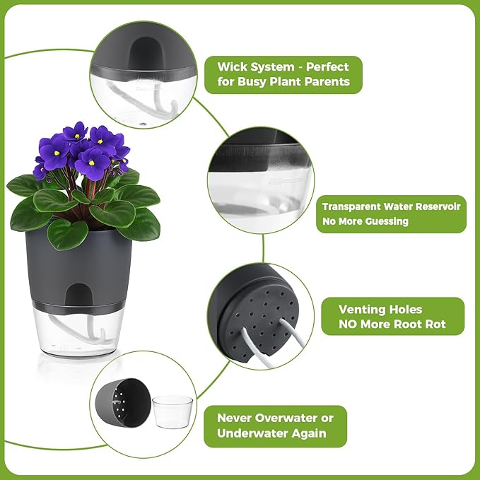 3 Pack Self Watering Pots for Indoor Plants, PlanterHoma 6 Inch Plant Pot Plastic Self Watering Planter for Orchid, African Violet, Small Clear Flower Pots with Drainage Holes and Wicking Rope, Grey Planterhoma