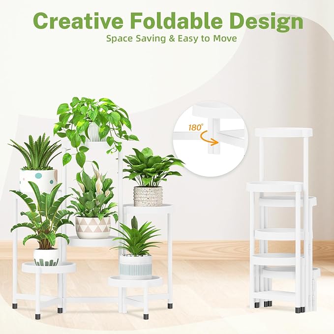iDavosic.ly 6 Tier Folding Plant Stand Indoor Outdoor with Plastic Tray, Tiered Corner Flower Holder Shelf, Metal Orchid Display Rack for Patio Porch Living Room Garden Balcony, White iDavosicly