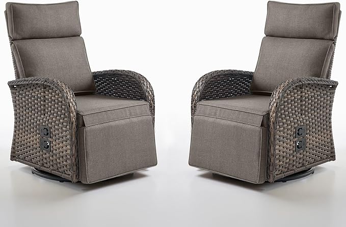 Swivel Outdoor Recliner Chair Set of 2 - Reclining Patio Chair with Adjustable Backrest and Footrest, All-Weather Wicker Chaise Lounge Chair Outdoor for Pool Deck (Upgraded 2.0) Belord