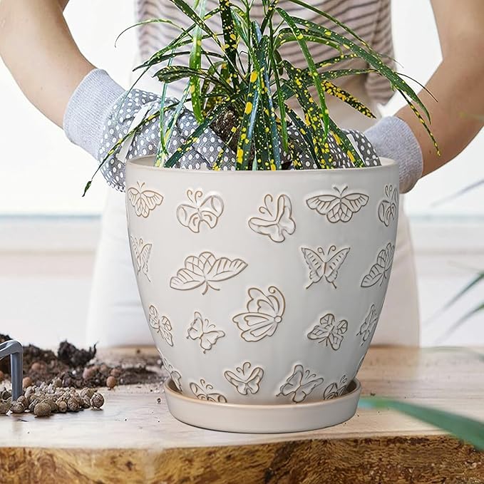 Ceramic Planter 8 Inch - White Plant Pot with Drainage Hole and Saucer Modern Flower Pot for Indoor Outdoor Plants EPFamily
