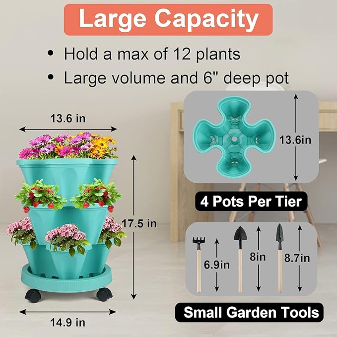 Vertical Planter 3 Tier Stackable Planters Garden Planters Strawberry Herb Flower and Vegetable Planter Indoor Outdoor Gardening Pots with Removable Wheels and Tools GameXcel