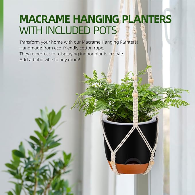 2-Pack 7.2-Inch Self-Watering Hanging Planters for Indoor & Outdoor Plants,34-Inch macrame hanger plant pots indoor with drainage,Small Hanging Planters & Baskets in Black,With two sets of hooks QCQHDU