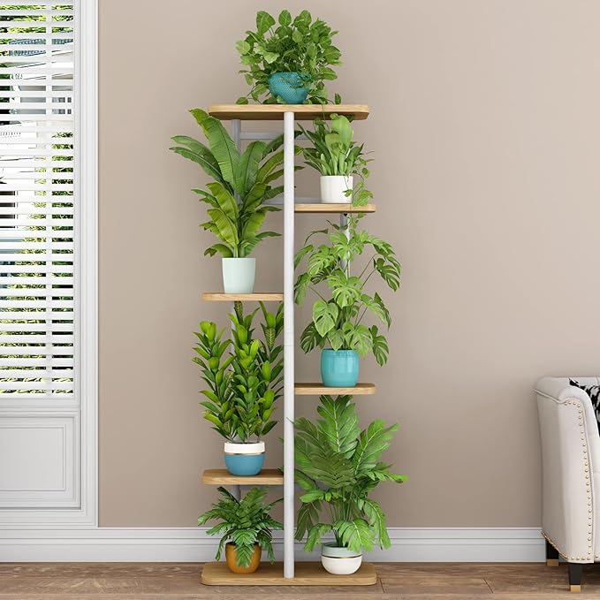 LINZINAR Plant Stand 6 Tier 7 Potted Multiple Flower Pot Holder Shelf Indoor Outdoor Planter Display Shelving for Patio Garden Corner Balcony Living Room (6 Tier-7 Potted, White) LINZINAR