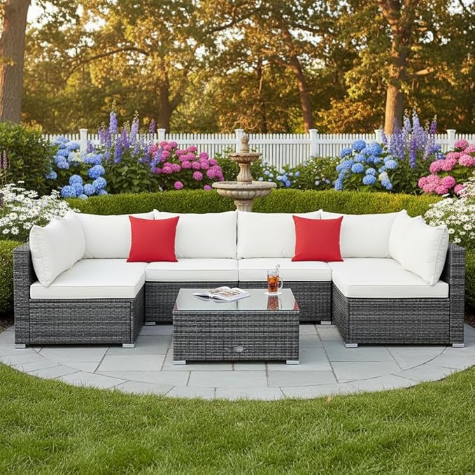 Tangkula 7 Pieces Wicker Patio Furniture Set, All-Weather Outdoor Rattan Sectional Sofa Set with Cushions & Tempered Glass Coffee Table, Outside Sofa Set for Garden, Lawn, Deck, Backyard (White) TANGKULA