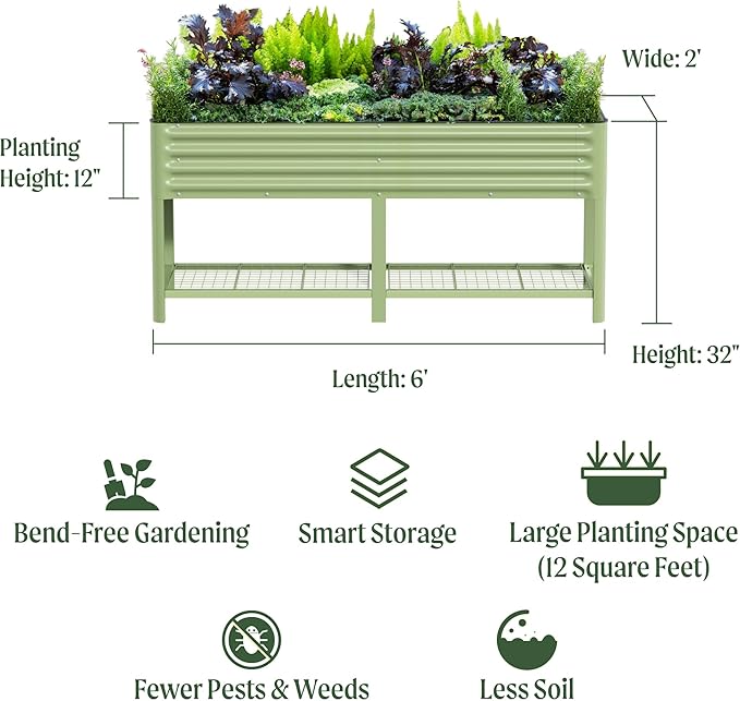 Elevated Raised Garden Bed-V Series, 2' x 6' Garden Beds with Legs & Storage Rack for Patio Porch, 1000 Lbs Weight Capacity, Outdoor Planter Boxes for Gardening Herbs Vegetables Flowers, Pearl White VegoGarden