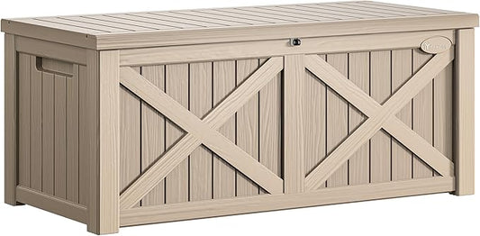 YITAHOME 150 Gallon Large Deck Box with X-Shaped Front, Resin Outdoor Storage Boxes, Waterproof Cushion Storage Bench for Patio, Pool Supplies, Garden Tools - Lockable, Taupe YITAHOME