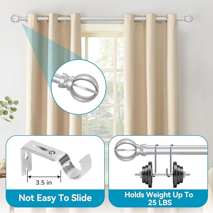 Silver Curtain Rods for Windows 28 to 48 Inch, 5/8" Diameter Heavy Duty Metal Adjustable Small Drapery Rod With Bracket Poskena