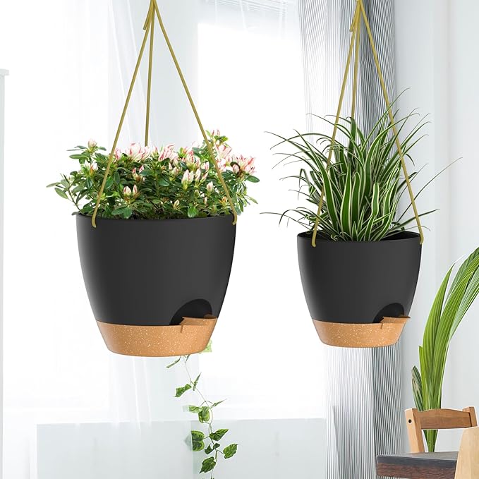 ZMTECH 8 Inch Hanging Planters for Indoor Outdoor Plants, 2 Pack Self Watering Hanging Plant Pots with Drainage Holes and Removable Saucer, Plastic Flower Hanging Pots with Watering Lip (Black) HighQualityGardeningTools
