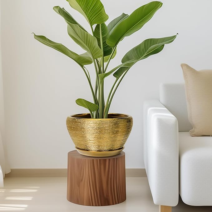 Ceramic Planter 11 Inch - Indoor Plant Pot with Drainage Hole and Saucer Large Planter for Outdoor Plants Mid-Century Decorative Flower Pot for Home Decor Gold Ceramicfor