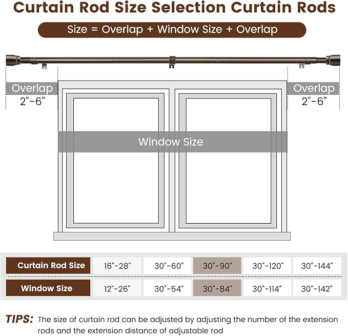 2 PACK 1” Diameter brown curtain rod Itself is 30 to 90 inch. 1 Pack Fits 30-84 inch Windows with Heavy Duty Adjustable brown curtain rods Splicing Metal Extra Long Curtain Rod Rootora