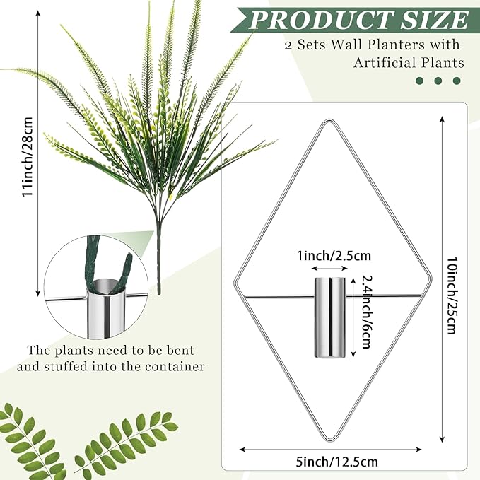 2 Pieces Wall Decor Hanging Planters with Artificial Plants Metal Hanging Vase Indoor Plants Holder Modern Boho Wall Art for Bathroom Bedroom Living Room Decor(Silver,Boston Fern) Canlierr