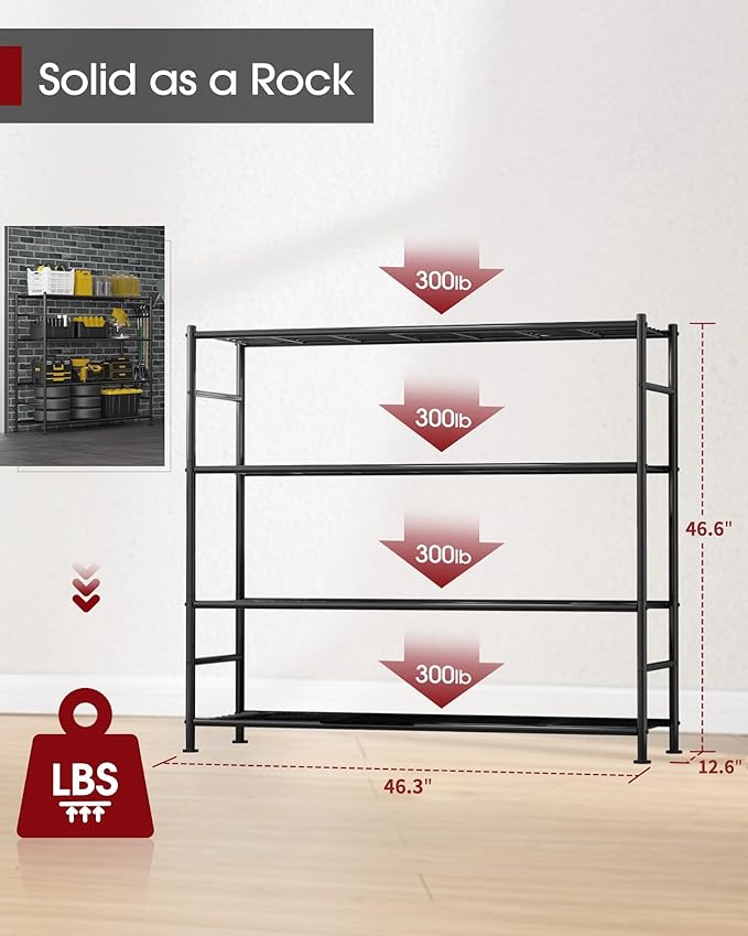 Storage Shelves - 4 Tier Shelf Organizer, Heavy Duty Garage Shelving Unit with Leveling Feet, Stable Metal Shelves Organizer for Pantry, Kitchen and Closet, 46.3" W x 12.6" D x 46.6" H, Black Sakugi