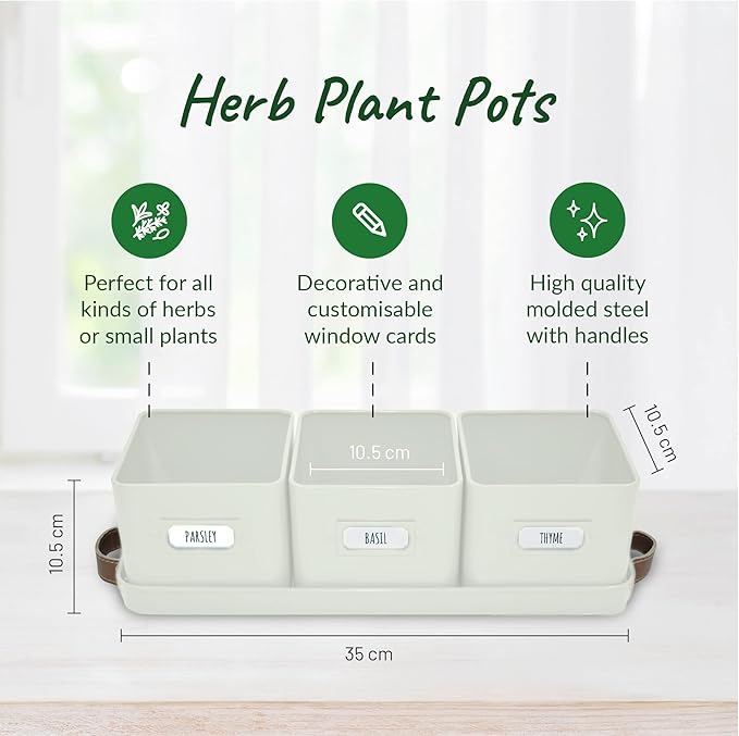 volila Herb Planter Indoor - Set of 3 Warmstone Indoor Herb Garden Pots for Plants with Leather Handled Tray - Window Sill Plant Shelf - Herb Pots with Drainage Holes and Labels volila