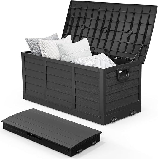 VINGLI 75 Gallon Collapsible Outdoor Storage Box, Simple-to-assemble Plastic Storage Containers with Lid, Patio Deck Box Furniture for Garden, Pool, Balcony, Yard (Full Black) VINGLI