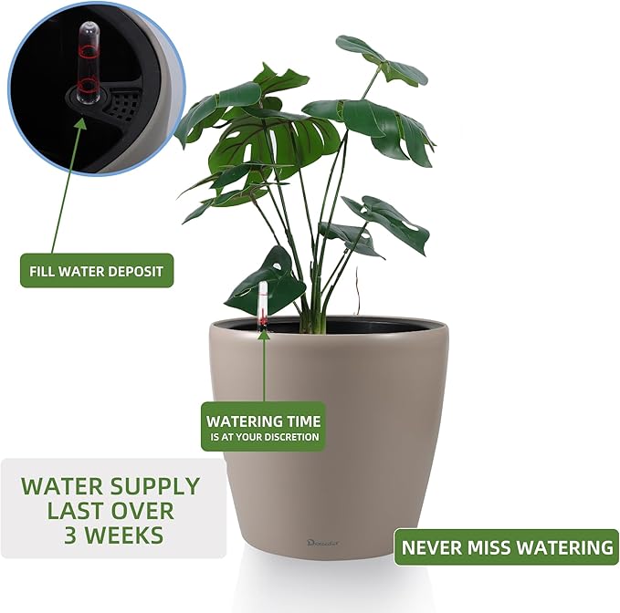 Dexceder 9x8 Inches Self Watering Planter Indoor Outdoor, Inner Pot Design, Thickened Table Flower Plant Pot with Water Level Indicator (Taupe Matte) Dexceder