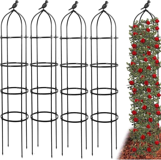 4-Pack 6FT Garden Obelisk Trellis for Climbing Plants,70”Metal Plant Support Tower, Heavy Duty Thickened Tube,Rustproof Black Flower Stand for Vines, Roses, Outdoor & Indoor Use TCBWFY