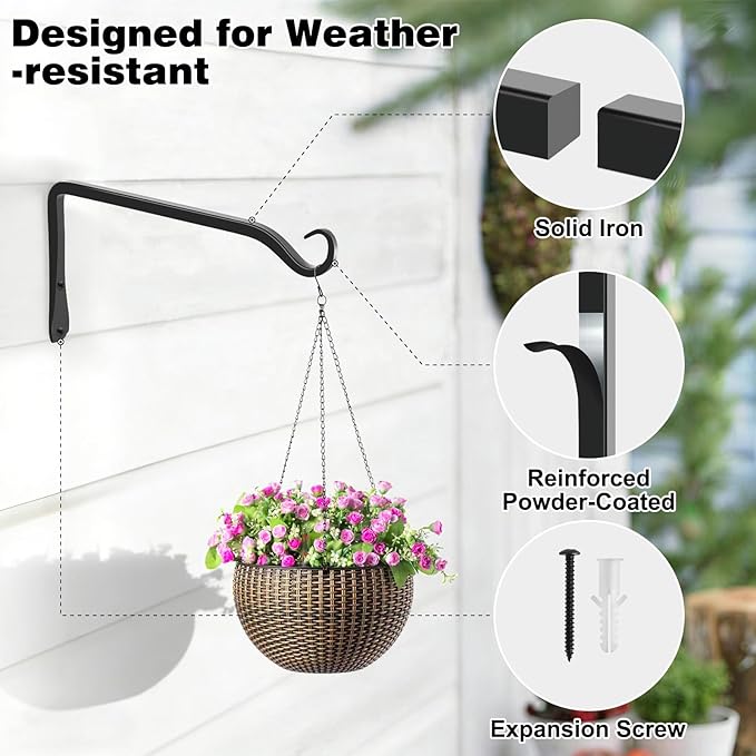 Gtongoko 2 Pack 8 Inch Metal Plant Hangers Wall Hooks for Hanging Plant Brackets, Outdoor Hooks for Hanging Bird Feeders, Flower Baskets, Lanterns, Wind Chinme, Solar Lamps Gtongoko