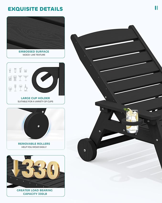 SERWALL Patio Chaise Lounge Chair Set of 6, 5 Positions Adjustable Poly Outdoor Lounger for Pool, HDPE Lounge Chair with Rolling Wheels & Cup Holder for Poolside, Deck, Obsidian Black SERWALL