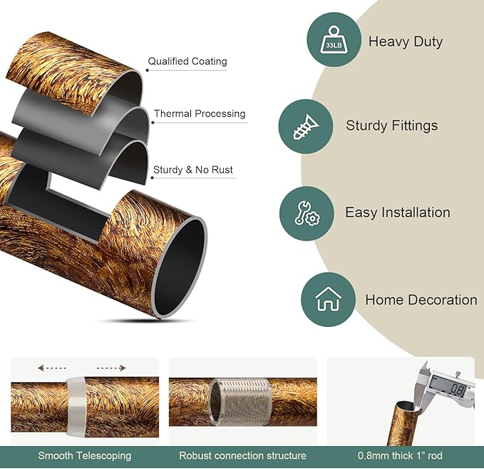 Retro Gold Curtain Rods for Windows 66 to 120 Inches Adjustable Length Heavy Duty 1" Diameter Window Curtain Rod with Decorative Finials for Outdoor Bedroom Kitchen Living Room Farmhouse Rootora