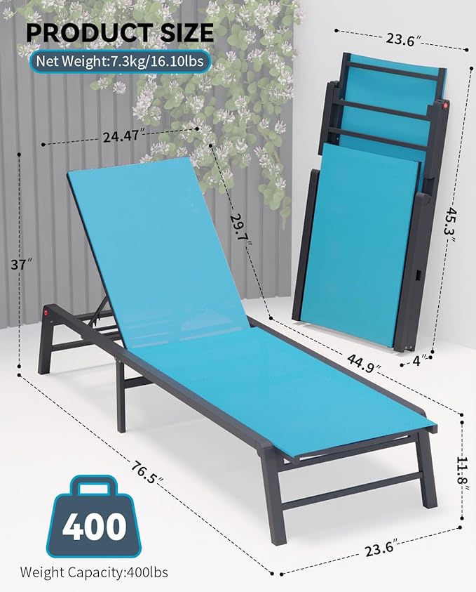 Aluminum Chaise Lounge Chair Outdoor, Foldable Patio Lounge Chair Assemble-Free, Pool Lounge Chairs with 5 Adjustable Backrest, Outdoor Lounge Chairs for Outside Poolside Beach Lawn Blue Rootora