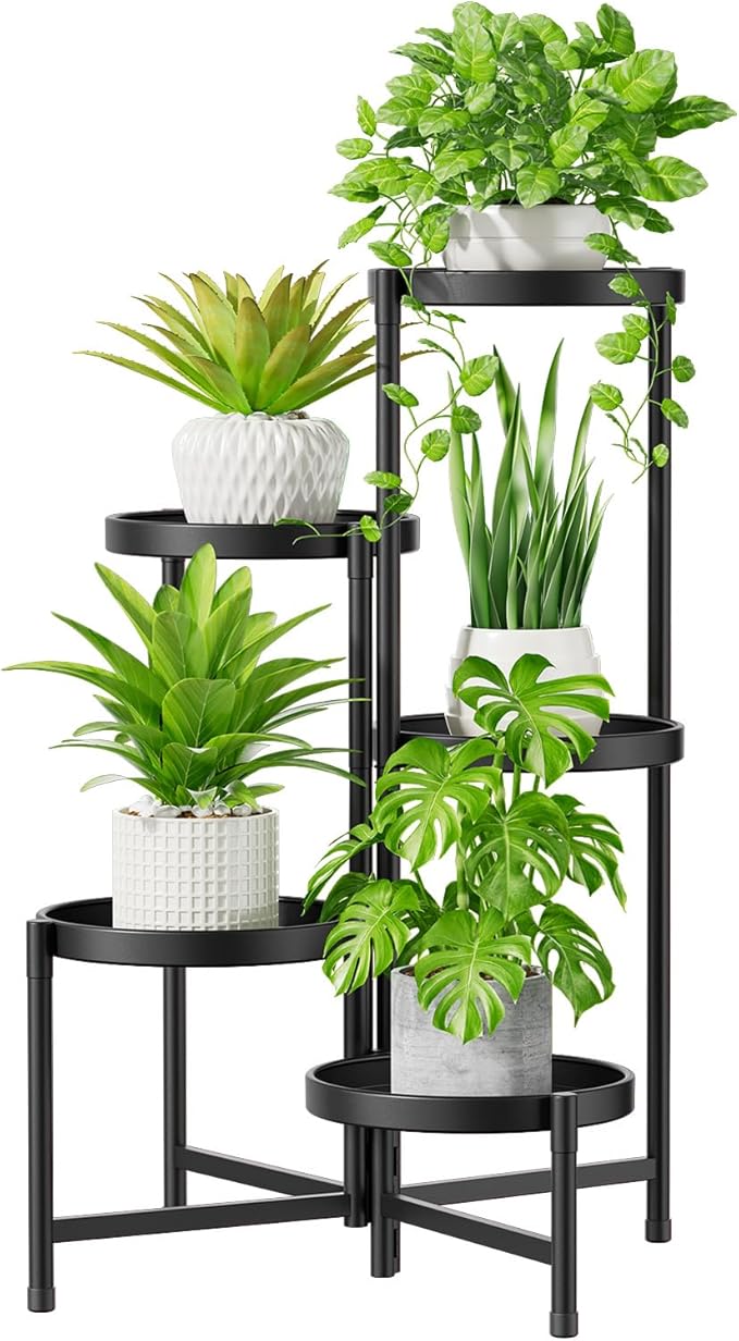 iDavosic.ly 5 Tier Large Plant Stand Indoor with 10 Inch Wide Tray, Tiered Corner Metal Outdoor Flower Display Holder Shelf, Folding Tall Rack for Patio Porch Living Room, Modern Black iDavosicly