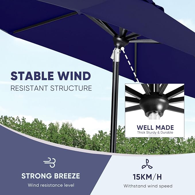 Tempera Patio Market Outdoor Table Umbrella with Auto Tilt and Crank, Large Sun Umbrella with Sturdy Pole & Fade Resistant Canopy, Easy to Set TemperaPatioLife