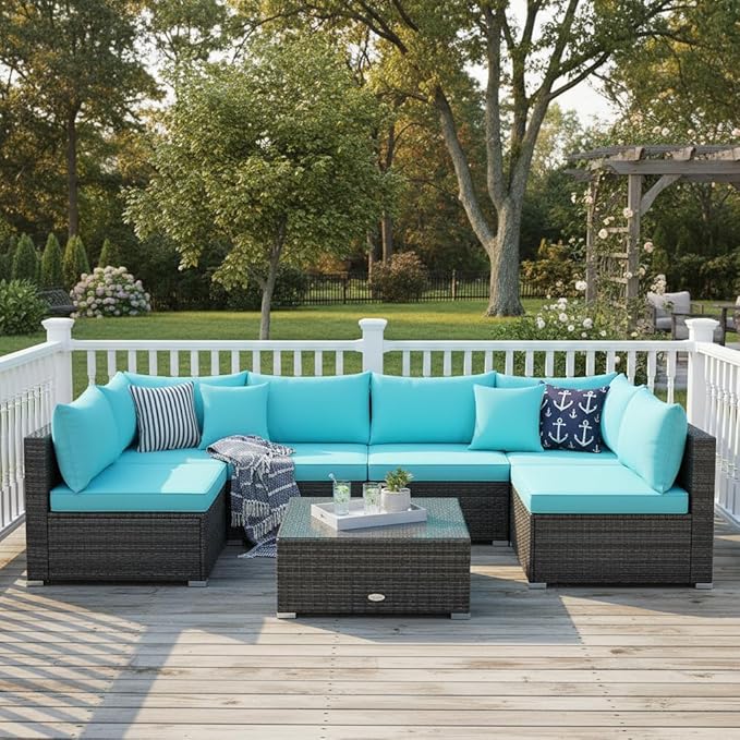 Tangkula 7 Pieces Wicker Patio Furniture Set, All-Weather Outdoor Rattan Sectional Sofa Set with Cushions & Tempered Glass Coffee Table, Outside Sofa Set for Garden, Lawn, Deck, Backyard (Turquoise) TANGKULA