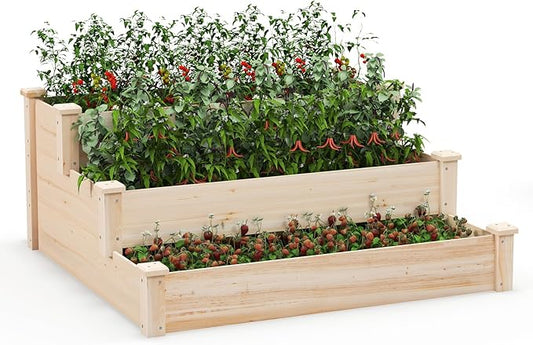 Giantex 3-Tier Raised Garden Bed, Tiered Planter Box w/Open-Ended Base, Fir Wood Elevated Raised Beds for Gardening, Vegetable Flower Herb Fruit, Perfect for Patio, Lawn, Backyard Giantex