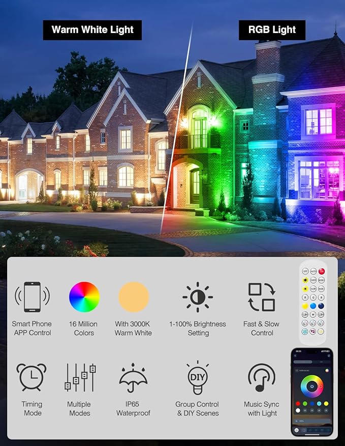 Spot Lights Outdoor, Smart RGBW LED Color Changing Landscape Lighting with APP and Remote Control, Music Mode, DIY Scenes, Timing, IP65 Waterproof Spotlight Plug in for Yard Garden, 4 Pack CREPOW