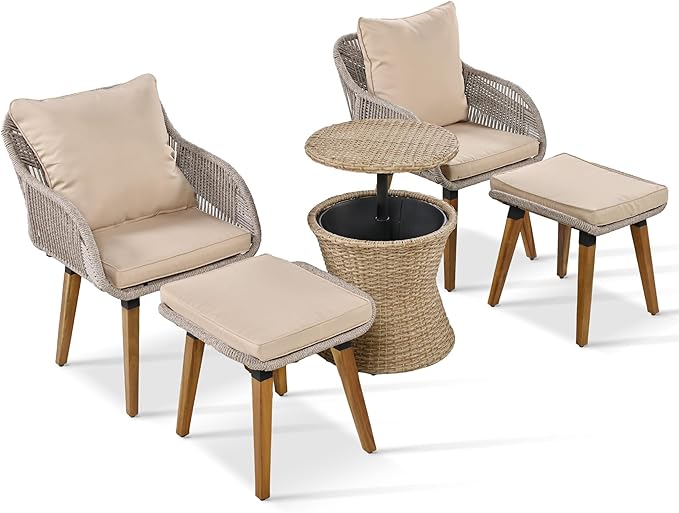 Merax 5 Pieces Patio Furniture Chair Sets, Patio Conversation Set with Wicker Cool Bar Table, Ottomans,Outdoor Furniture Bistro Sets for Porch,Backyard,Balcony,Poolside Brown Merax
